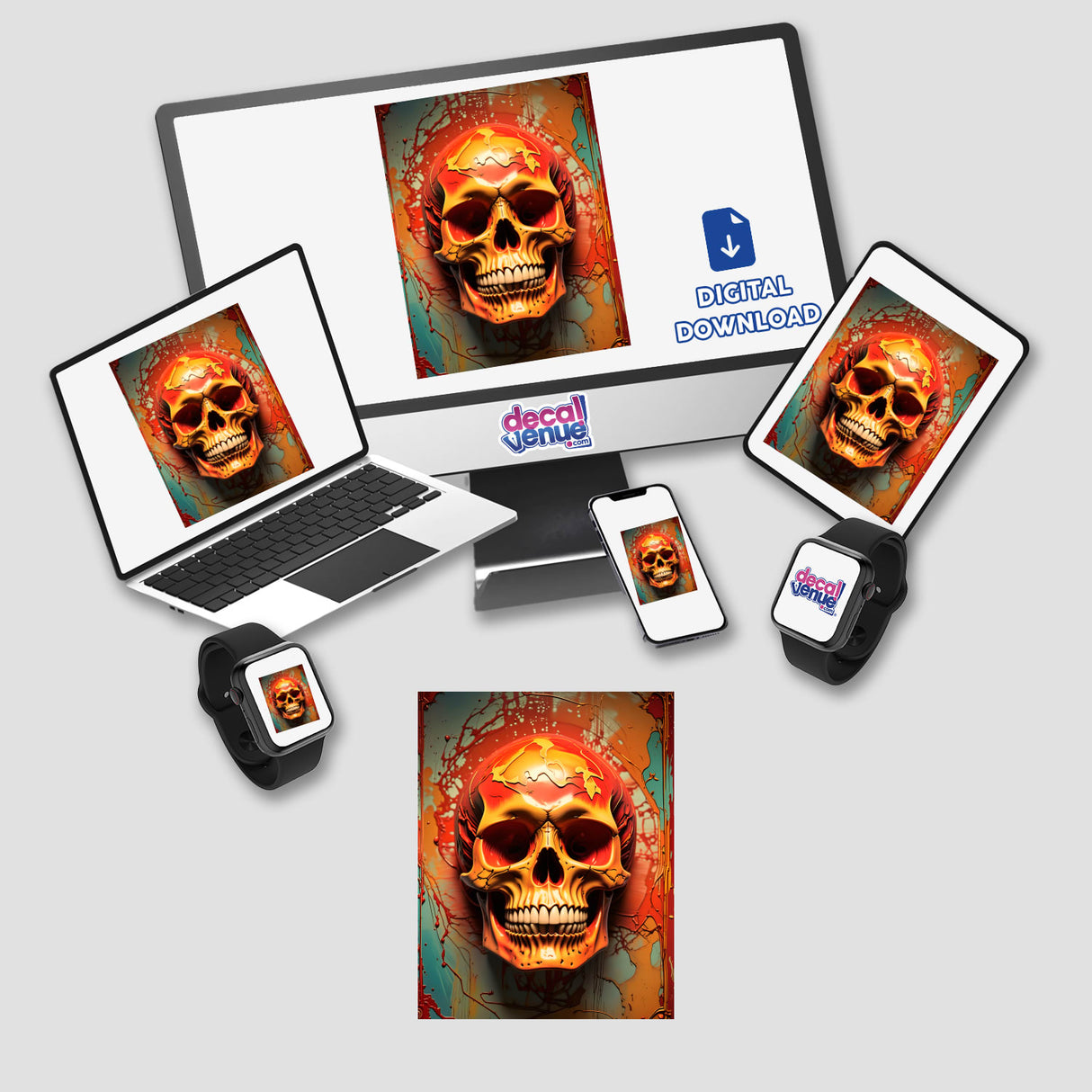 Abstract 3D Skull Art displayed on various devices, including a laptop and monitor, showcasing unique skull designs. Available as stickers or digital artwork from Decal Venue.
