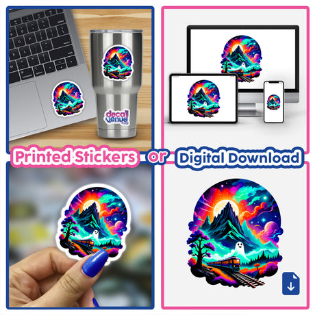 Collage showcasing The Magical Ghost Train featuring a laptop adorned with themed stickers and digital artwork elements, capturing the essence of Decal Venue's unique vinyl sticker collection.
