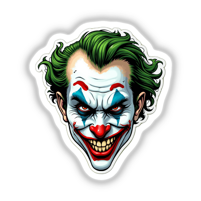 Palhaço Estrela: A cartoon joker face with exaggerated red lips, blue and red eyes, and a wide grin, available as stickers or digital artwork.
