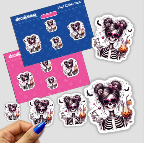 Spooky Skeleton Halloween Girl Stickers or Digital Download: Creepy yet cute Halloween-themed skeleton girl with hairstyle, sunglasses, and jack-o-lanterns depicted on a vinyl sticker pack from Decal Venue.