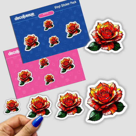 Beautiful Rose Stained Glass Style sticker pack held in a hand, featuring intricate flower designs, part of Decal Venue's unique stickers and digital art collection.
