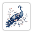 Chinoiserie Peacock: A detailed illustration of a blue peacock surrounded by flowers, highlighting its intricate feathers. Available as unique stickers or digital artwork from Decal Venue.