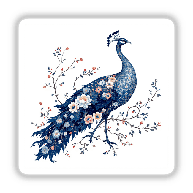 Chinoiserie Peacock: A detailed illustration of a blue peacock surrounded by flowers, highlighting its intricate feathers. Available as unique stickers or digital artwork from Decal Venue.