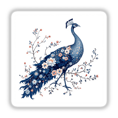 Chinoiserie Peacock: A detailed illustration of a blue peacock surrounded by flowers, highlighting its intricate feathers. Available as unique stickers or digital artwork from Decal Venue.