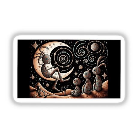 Kokopelli hanging out with the moon, surrounded by stars and rabbits on a hill, available as stickers or digital artwork from Decal Venue.