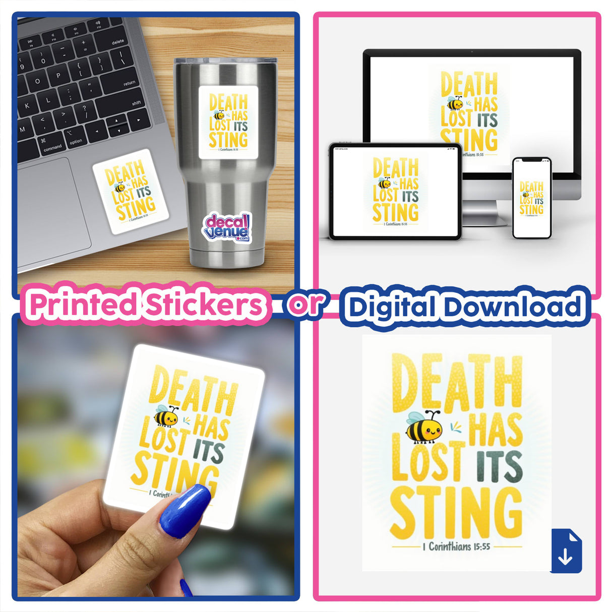 A collage featuring the Death Has Lost Its Sting Bee Christian Sticker, showcasing a laptop with the sticker visible, reflecting the unique vinyl design inspired by 1 Corinthians 15:55.