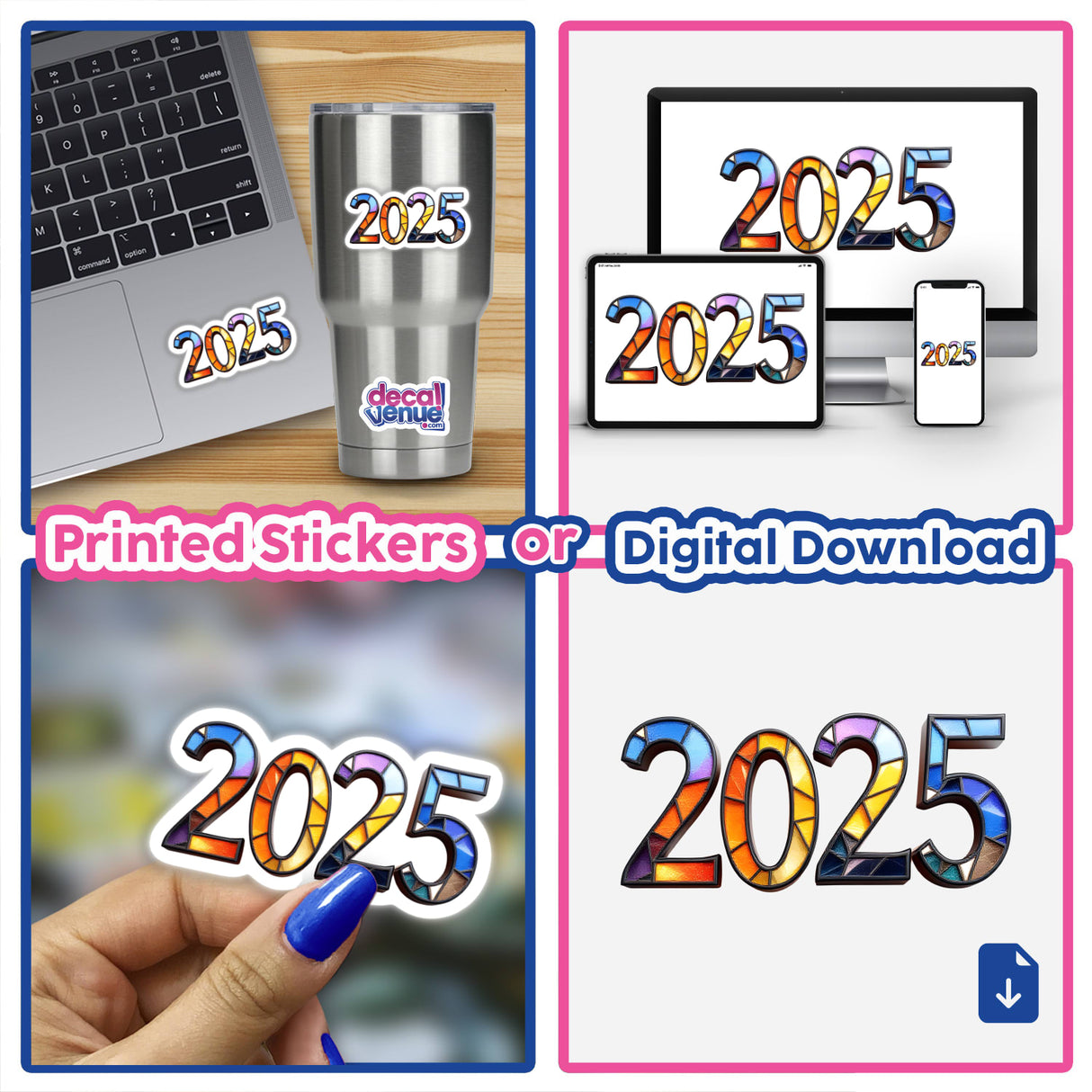 2025 Numerals Stained Glass Style: A collage of vibrant numbers alongside a laptop screen, available as stickers or digital artwork, showcasing intricate design elements.