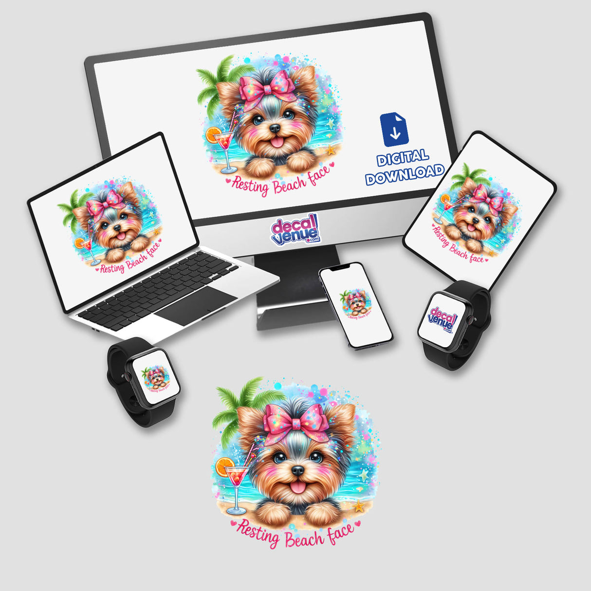 Colorful digital artwork of a Yorkie dog with a "Resting Beach Face" expression, surrounded by tropical flowers and palm trees, available for download from the Decal Venue store.