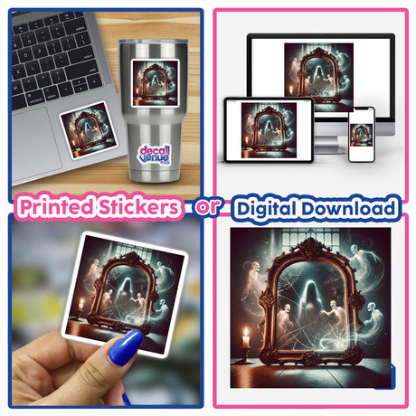 Collage featuring a laptop displaying the artwork Cursed Mirror - Reflections of Ghostly Figures, available as stickers or digital art, highlighting ghostly images in mirrors.