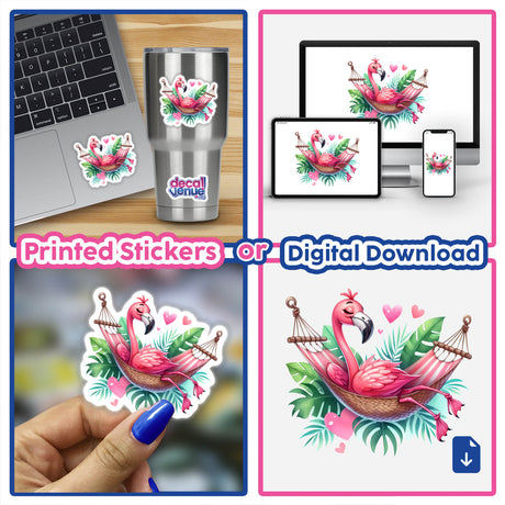 Flamingo Bird Lounging in Hammock sticker, showcasing a vibrant flamingo in a hammock, perfect for adding whimsical charm to laptops, water bottles, or notebooks.