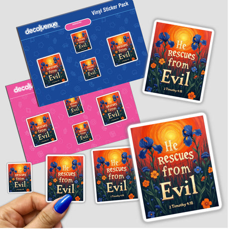 Fauvist Spring Marigold “He Rescues From Evil” 2 Timothy 4:18 Sticker or Clipart, featuring floral and text design, available as a sticker or digital artwork with commercial rights.