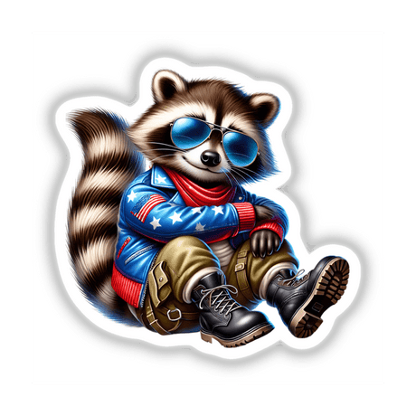 Patriotic Leather Raccoon Aviator Sunglasses: A cartoon raccoon wearing aviator sunglasses and a jacket, available as stickers or digital artwork.