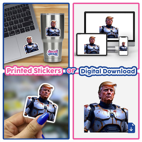 Collage featuring the product Futuristic President Donald Trump as a unique vinyl sticker on a laptop, highlighting its digital artwork option. A person holds the sticker, emphasizing its artistic detail.