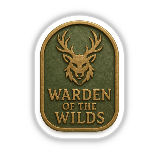 Warden of the Wilds – RPG-Style Skill Badge featuring a detailed gold and green forest emblem, available as a sticker or digital artwork, showcasing intricate design elements.