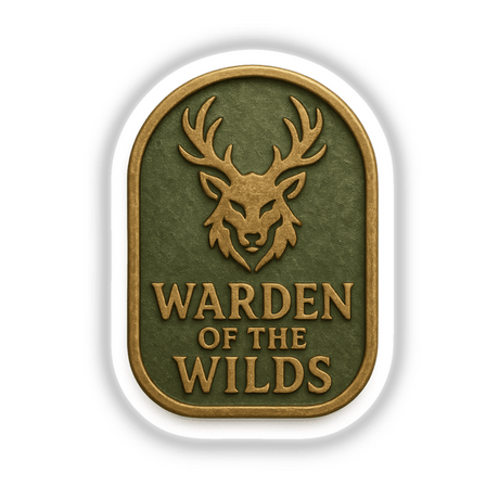 Warden of the Wilds – RPG-Style Skill Badge featuring a detailed gold and green forest emblem, available as a sticker or digital artwork, showcasing intricate design elements.