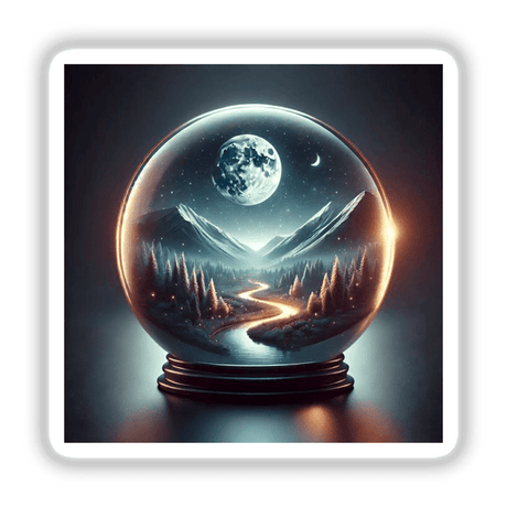 Starlit Path - Moonlit Road Winding Through a Globe, depicting a serene landscape with a river, mountains, and moon inside a glass sphere, available as stickers or digital artwork.