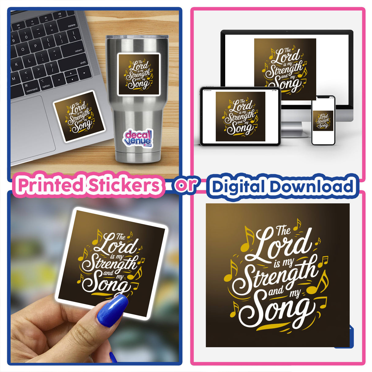 Collage featuring The Lord is My Strength and My Song sticker and clipart, showcasing Exodus 15:2 Bible verse, ideal for enhancing laptops or digital devices with inspirational Christian quotes.