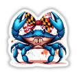 Blue Crab with Maryland Coquette Bow: A vibrant illustration of a blue crab with a Maryland flag-patterned bow tie, available as stickers or digital artwork, featuring dynamic paint splatters for a pop-art effect.