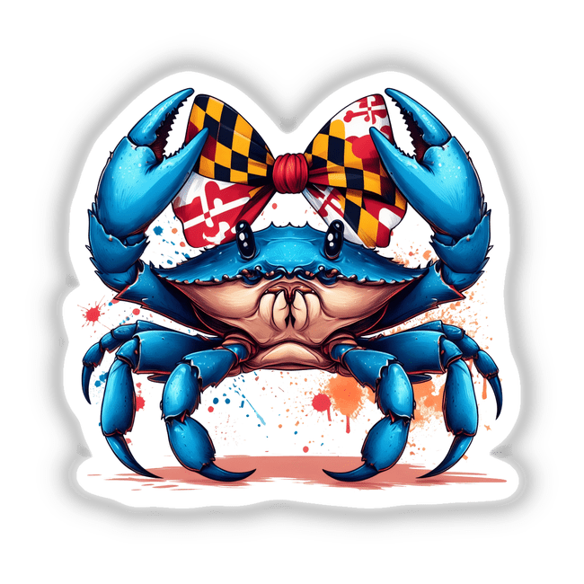 Blue Crab with Maryland Coquette Bow: A vibrant illustration of a blue crab with a Maryland flag-patterned bow tie, available as stickers or digital artwork, featuring dynamic paint splatters for a pop-art effect.