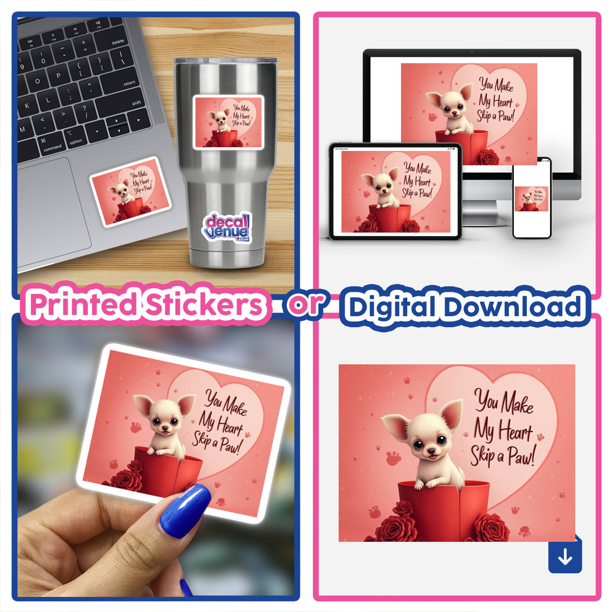 Chihuahua Sticker and Clipart with Commercial Rights – features a charming collage of a cartoon dog on a laptop, ideal for Valentine's Day designs. Available as stickers or digital artwork.