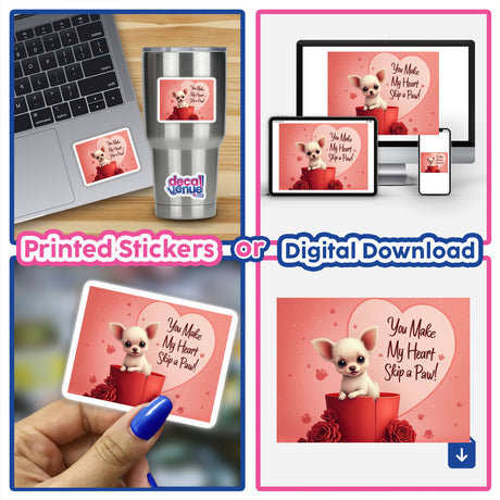 Chihuahua Sticker and Clipart with Commercial Rights – features a charming collage of a cartoon dog on a laptop, ideal for Valentine's Day designs. Available as stickers or digital artwork.