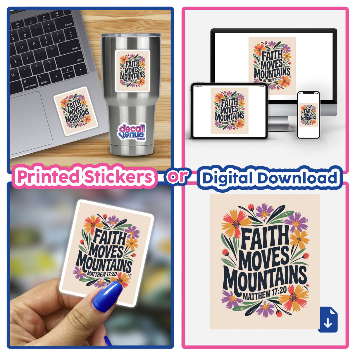 Faith Moves Mountains Matthew 17:20 sticker or clipart displayed on a laptop with a sticker, showcasing its versatility as digital artwork or sticker, fitting Decal Venue's unique vinyl and digital offerings.