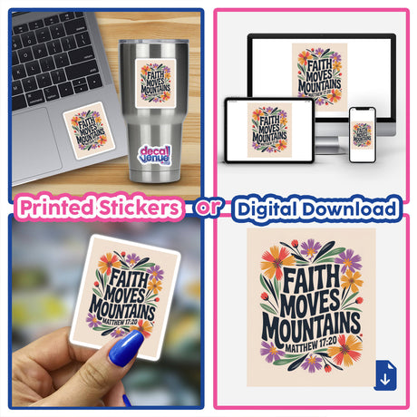 Faith Moves Mountains Matthew 17:20 sticker or clipart displayed on a laptop with a sticker, showcasing its versatility as digital artwork or sticker, fitting Decal Venue's unique vinyl and digital offerings.