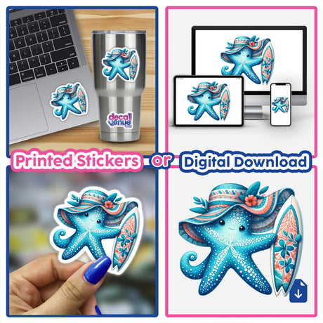 Starfish Holding Surfboard in Summer Beach Hat