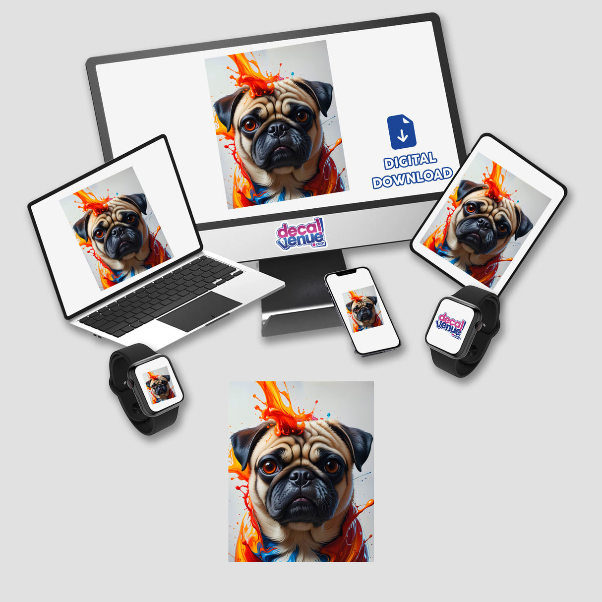 A Cute Pug - Animal Portrait featuring a pug with vibrant orange and blue paint splashes, available as vinyl stickers or digital artwork.