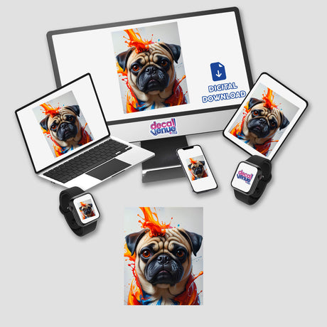 A Cute Pug - Animal Portrait featuring a pug with vibrant orange and blue paint splashes, available as vinyl stickers or digital artwork.