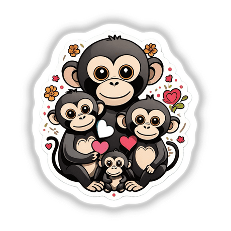 Adorable monkey family digital artwork with three cute monkeys surrounded by hearts and flowers