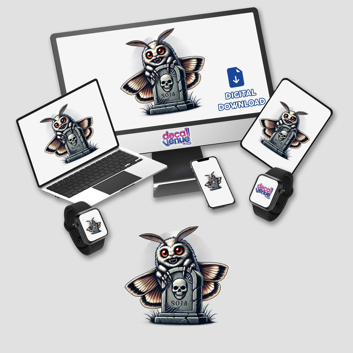 Computer monitor and laptop showing Halloween Moth Peeking Out of Tombstone cartoon, available as stickers or digital artwork.