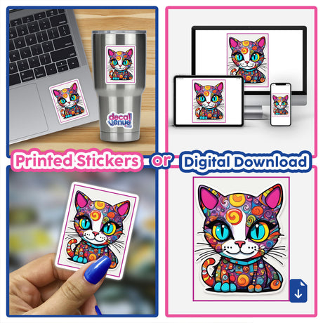 Collage featuring the Fat Cat Of Many Colors stickers and digital artwork, showcasing cartoonish cat designs with swirls, displayed on laptops, phones, and held in hand.