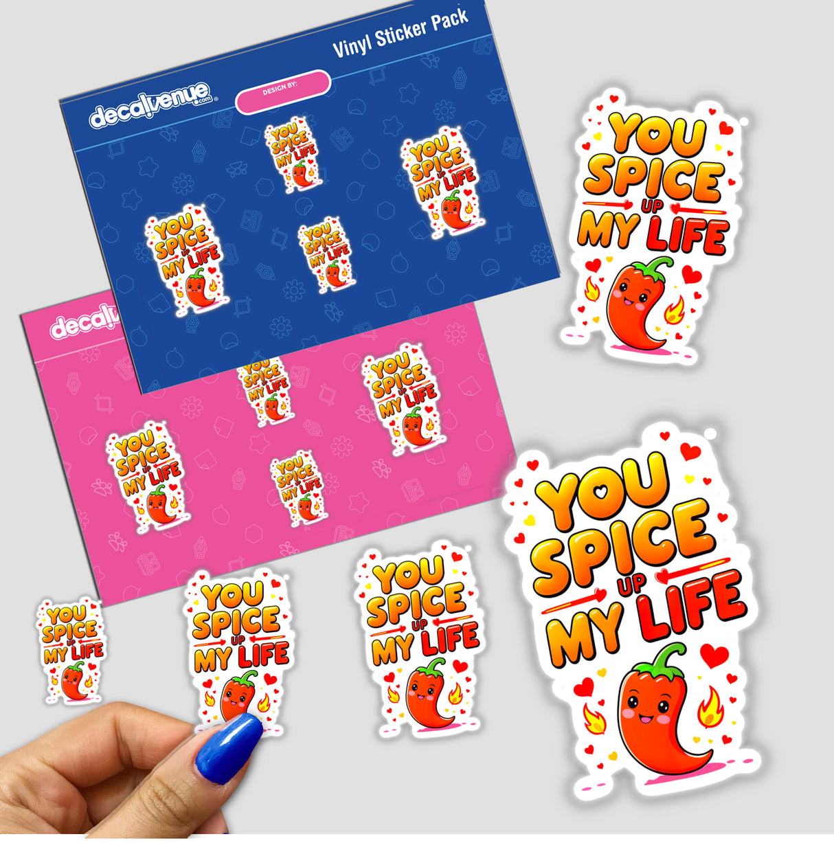 Sticker pack featuring the You Spice Up My Life funny love quote with a cartoon chili pepper character, showcasing playful design elements. Available as stickers or digital artwork.