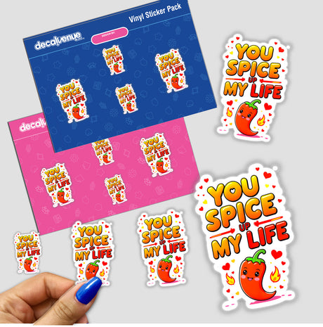 Sticker pack featuring the You Spice Up My Life funny love quote with a cartoon chili pepper character, showcasing playful design elements. Available as stickers or digital artwork.