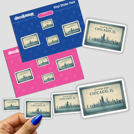 Greetings from Chicago Postcard Sticker or Clipart features a vintage skyline art design, available as stickers or digital artwork, showcasing Chicago's architectural charm with commercial rights for versatile use.