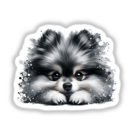 Peeking Sable Wolf Pomeranian Splatter art showcases a close-up of a Pomeranian's face, highlighting its distinct features, available as unique stickers or digital artwork at Decal Venue.