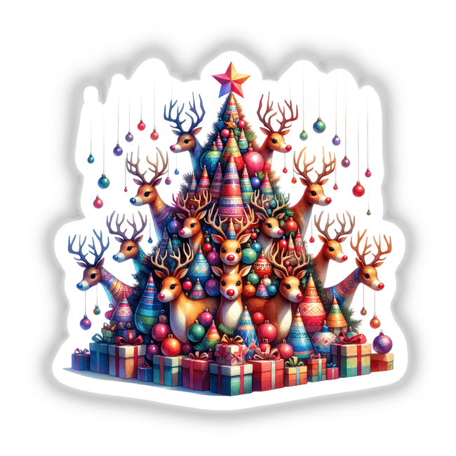 Reindeer Christmas Tree design featuring reindeers and presents, available as unique stickers or digital art from Decal Venue.