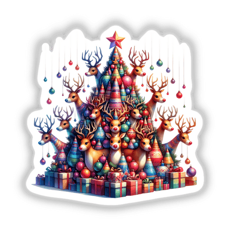 Reindeer Christmas Tree design featuring reindeers and presents, available as unique stickers or digital art from Decal Venue.