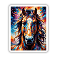 A Cute Horse - Animal Portrait; a vibrant painting featuring a horse with a long mane, highlighting its expressive eye and nose. Available as unique stickers or digital artwork.