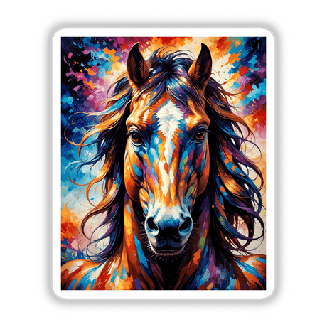 A Cute Horse - Animal Portrait; a vibrant painting featuring a horse with a long mane, highlighting its expressive eye and nose. Available as unique stickers or digital artwork.