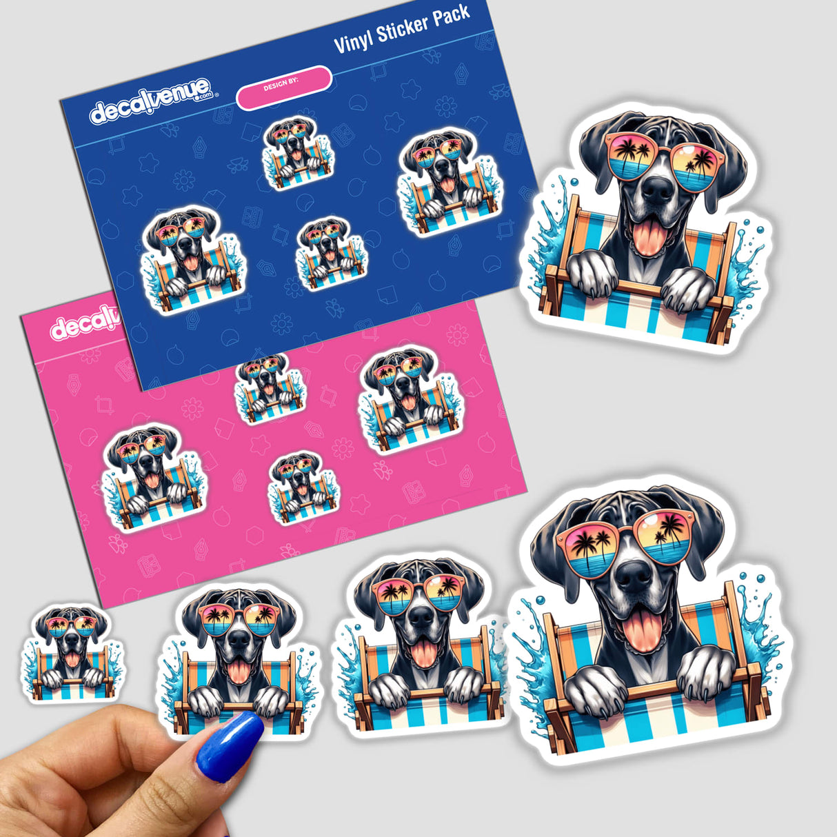 Happy Great Dane Peeking from Beach Chair sticker showcases a cartoon dog wearing sunglasses, sitting on a beach chair. Available as stickers or digital artwork from Decal Venue.
