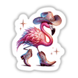 Glitter Flamingo in Cowboy Hat and Boots, available as stickers or digital artwork, showcasing a whimsical flamingo adorned in Western attire, capturing the unique essence of Decal Venue's offerings.