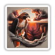 Hawk on a Gnarled Tree Branch in a Canyon Sunset, a detailed painting depicting a bird perched elegantly on a twisted branch, available as stickers or digital artwork from Decal Venue.