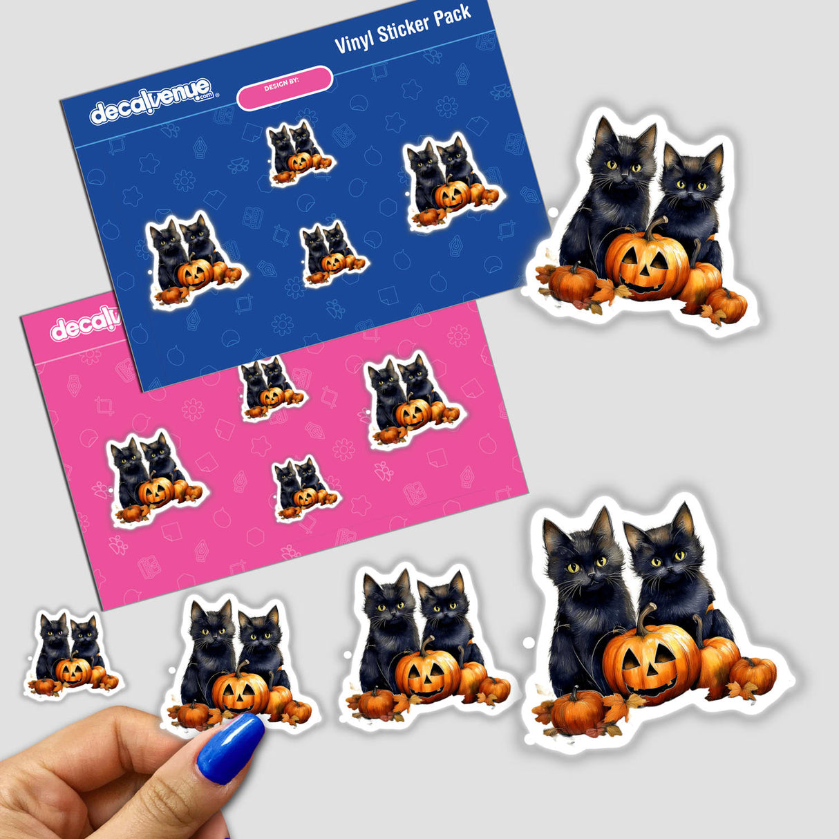 Black cats and pumpkins stickers showcasing playful feline illustrations and pumpkins, available as stickers or digital artwork.