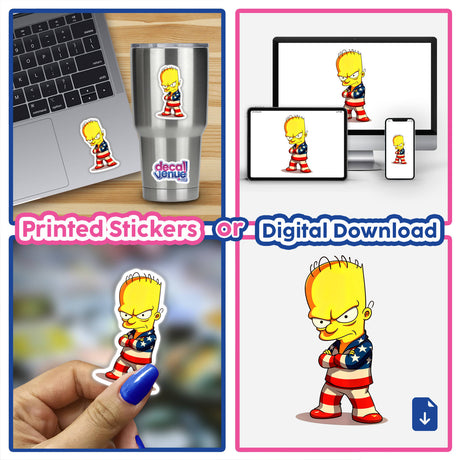 Funny cartoon character with crossed arms and American flag outfit, featured on a laptop screen. Available as stickers or digital artwork from Decal Venue.