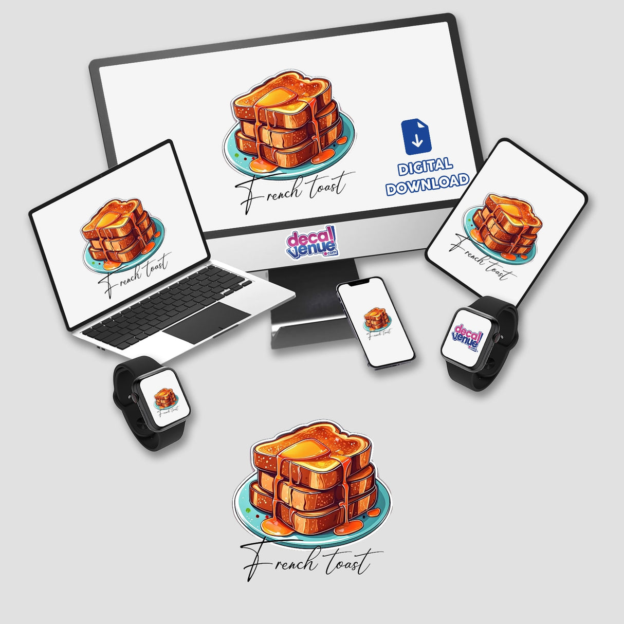 Delightful digital artwork depicting stacked slices of French toast on a vibrant plate, showcased across various digital devices and products from the Decal Venue store.