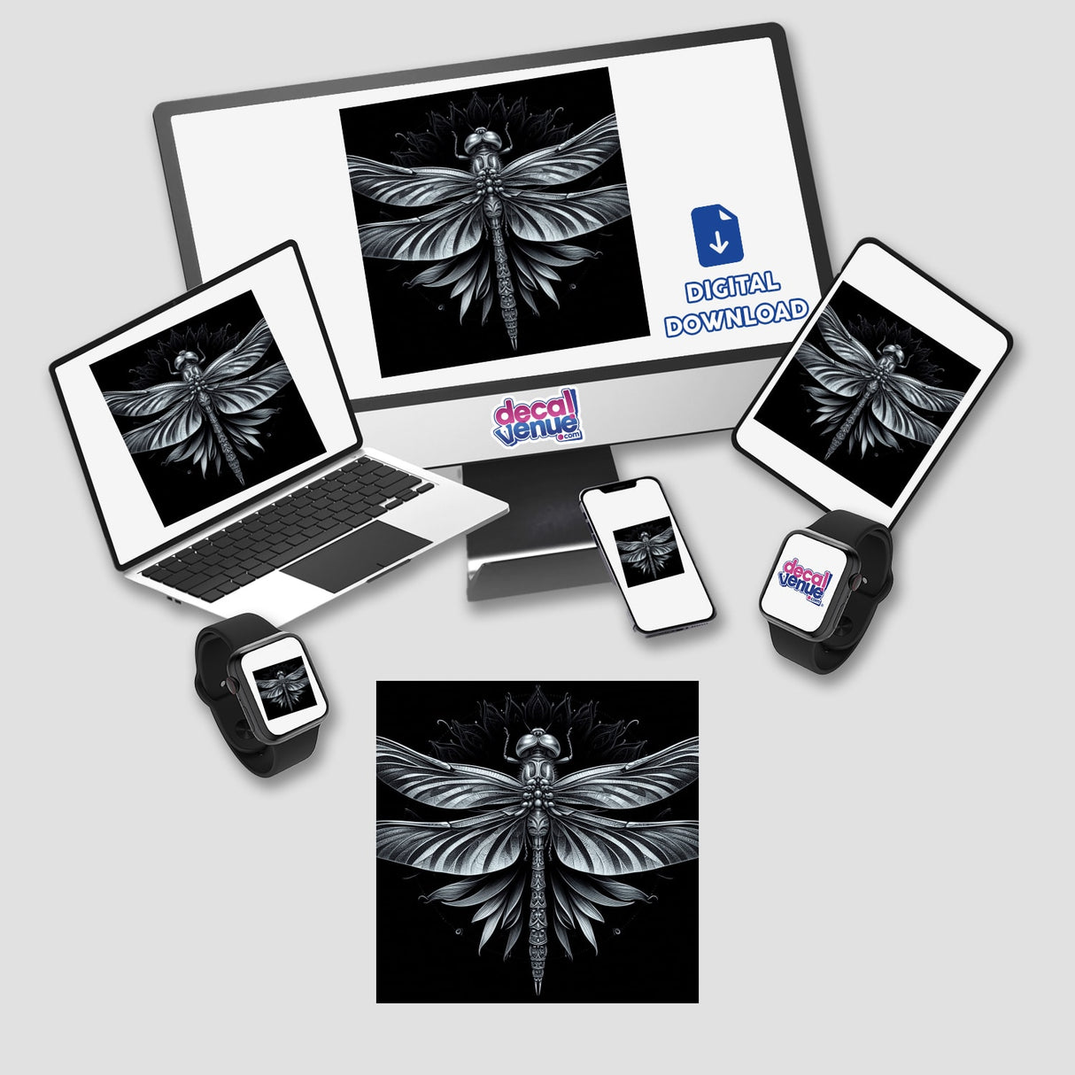 Computer monitor and laptop displaying digital artwork of a dragonfly, available as stickers or digital art from Decal Venue.