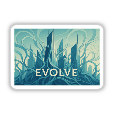 Evolve Futurist Architecture Organic Geometry Sticker or Clipart featuring intricate, motivational city art design, available with commercial rights. Ideal for unique vinyl sticker or digital art enthusiasts.