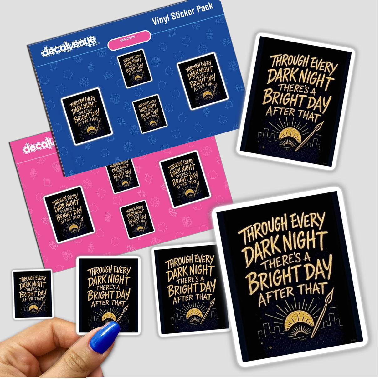 Through Every Dark Night Quote Sticker or Clipart featuring a Tupac Shakur design, held in hand, showcasing intricate text and design elements, available as stickers or digital artwork for commercial use.